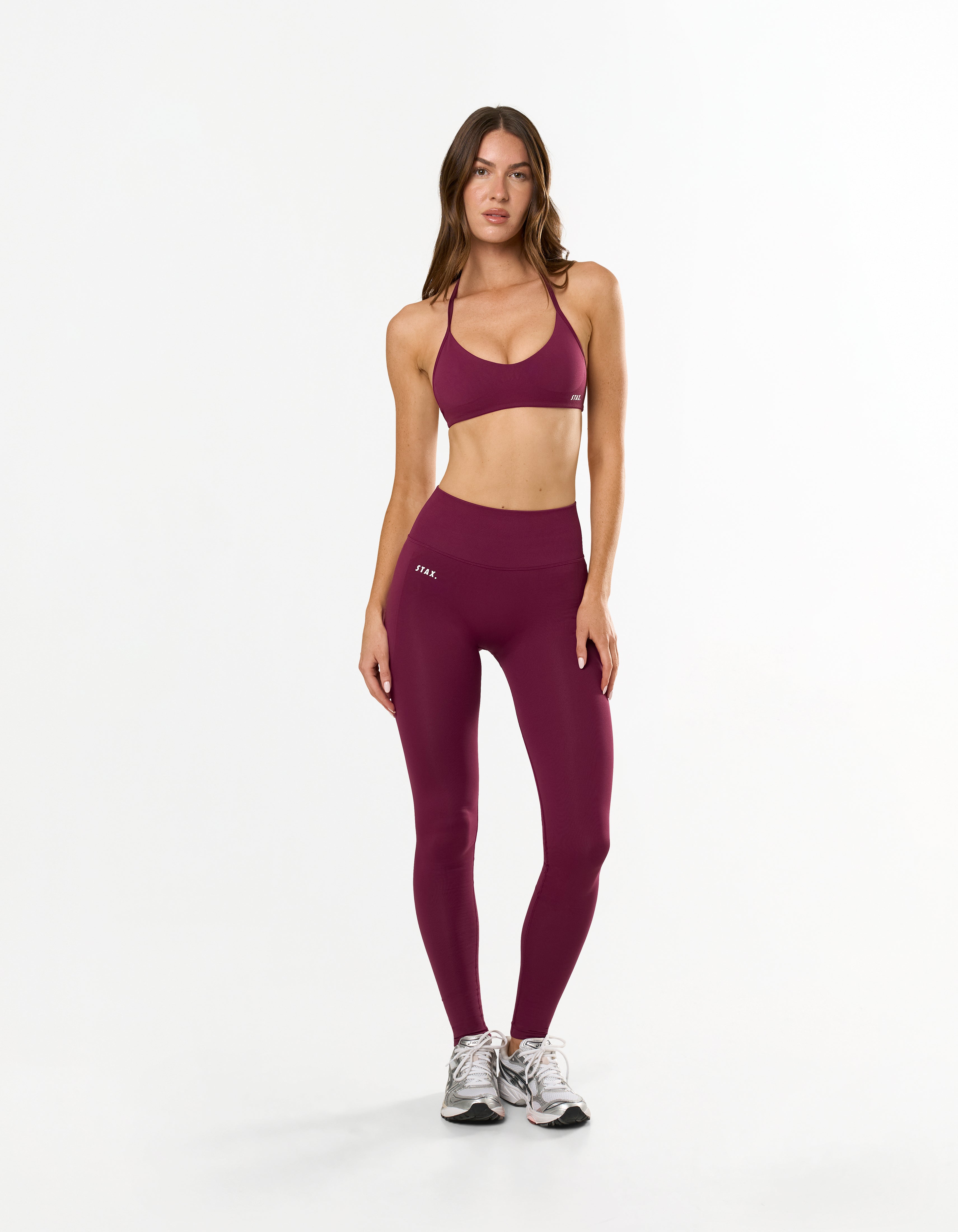 Front profile of STAX. Premium Seamless Skulpt Bralette in Burgundy perfect for everyday athleisure wear