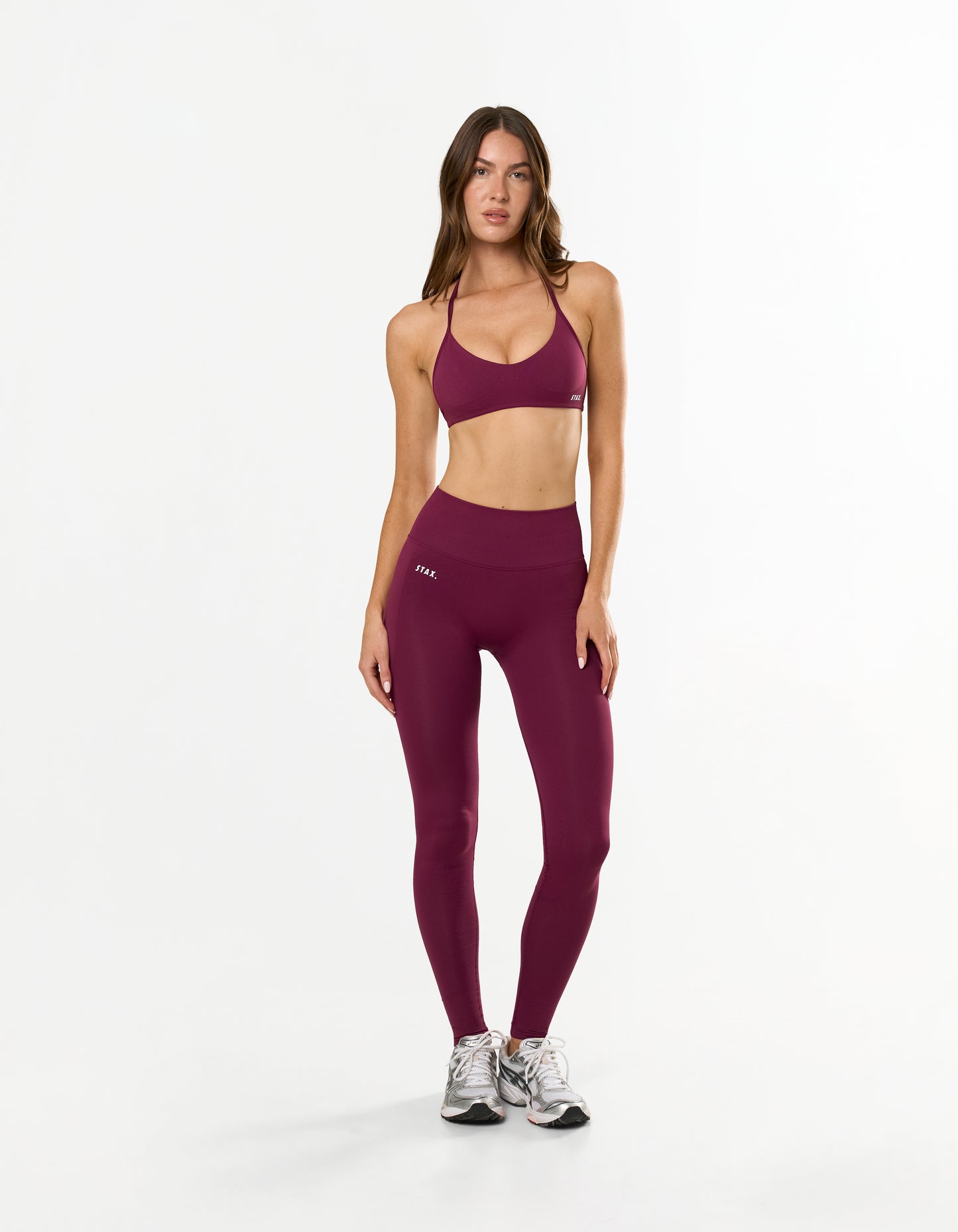 Front profile of STAX. Premium Seamless Skulpt Bralette in Burgundy perfect for everyday athleisure wear