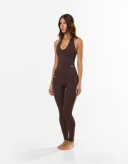 Front view of STAX. Premium Seamless Skulpt Halter Tank in Brown with halter neck design delivering seamless comfort