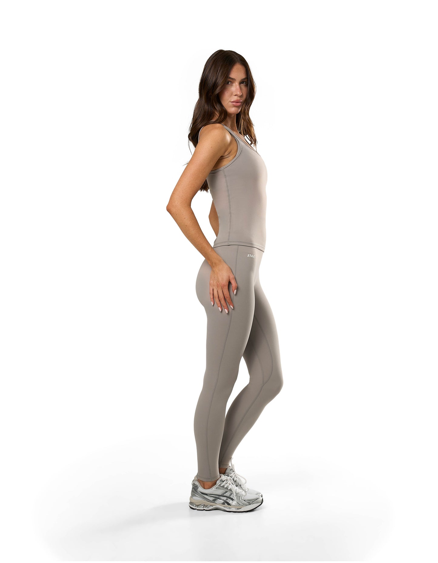 Side profile of STAX. Body Tank NANDEX™ in Taupe showing full body flattering fit