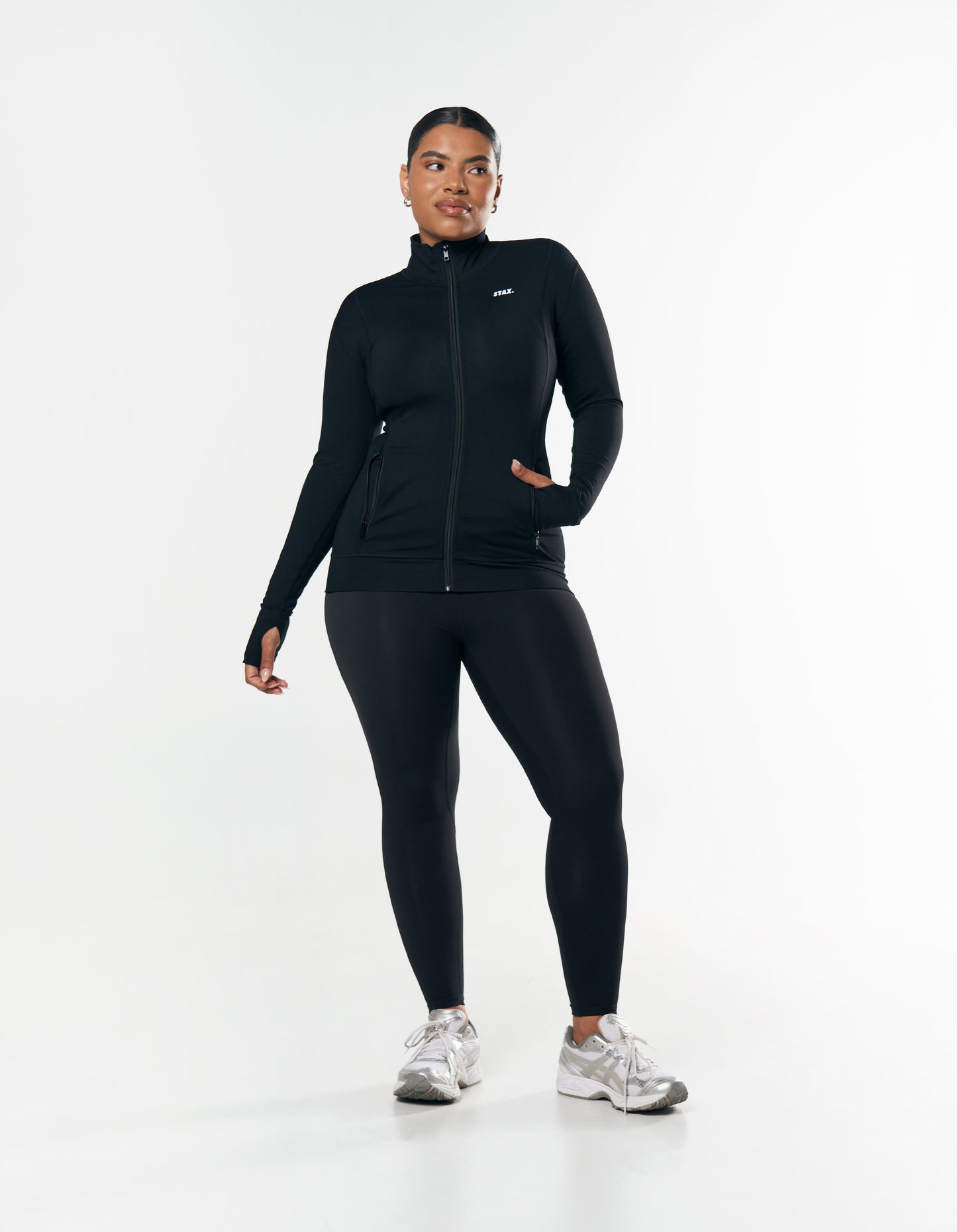Front view of model wearing STAX. Zip Jacket NANDEX™ in Black with matching Full Length Tights NANDEX™ Original in Black