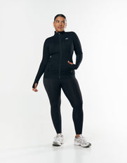 Front view of model wearing STAX. Zip Jacket NANDEX™ in Black with matching Full Length Tights NANDEX™ Original in Black