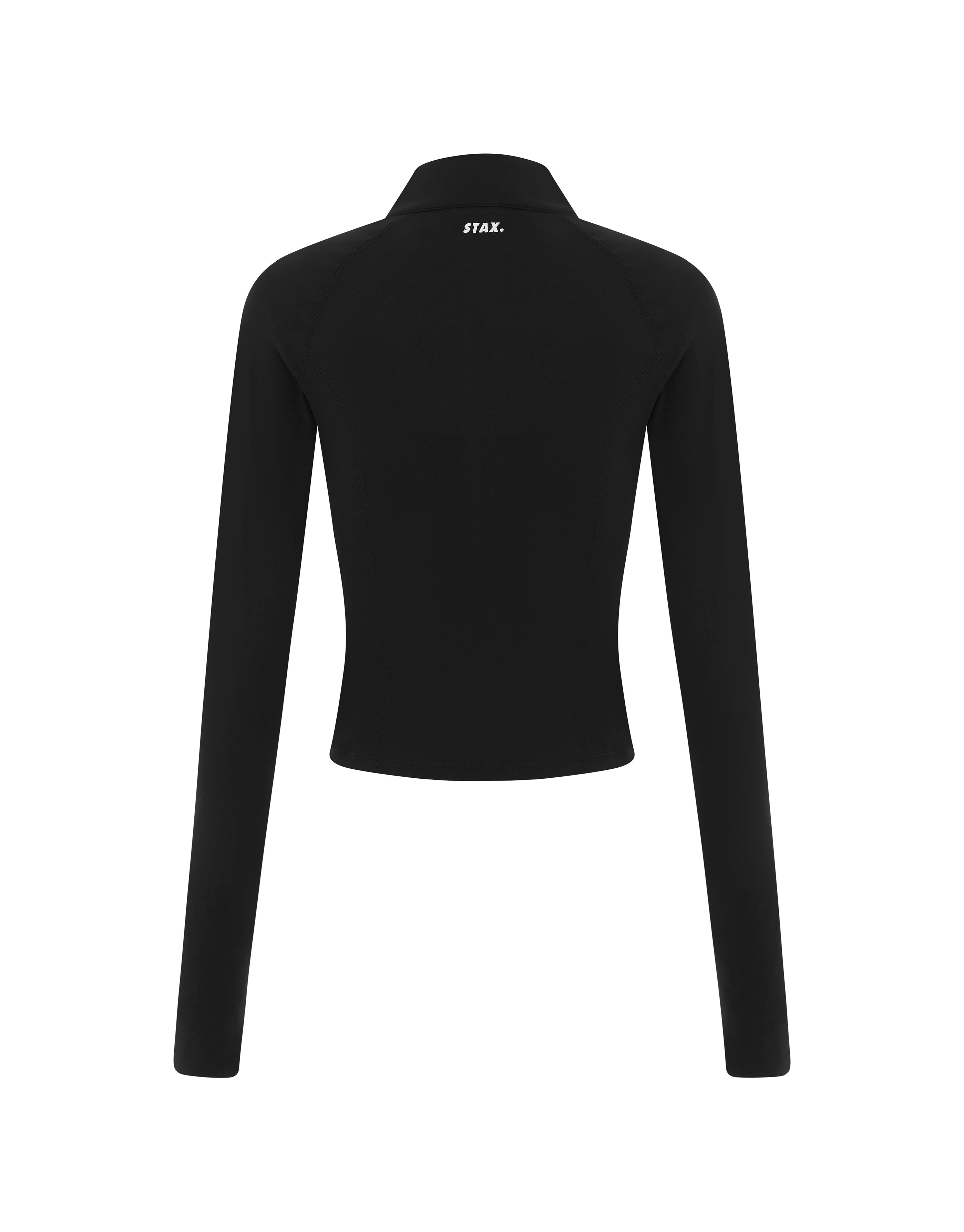 Flat lay back view of STAX. Active Zip Jacket in Black showing small white logo 