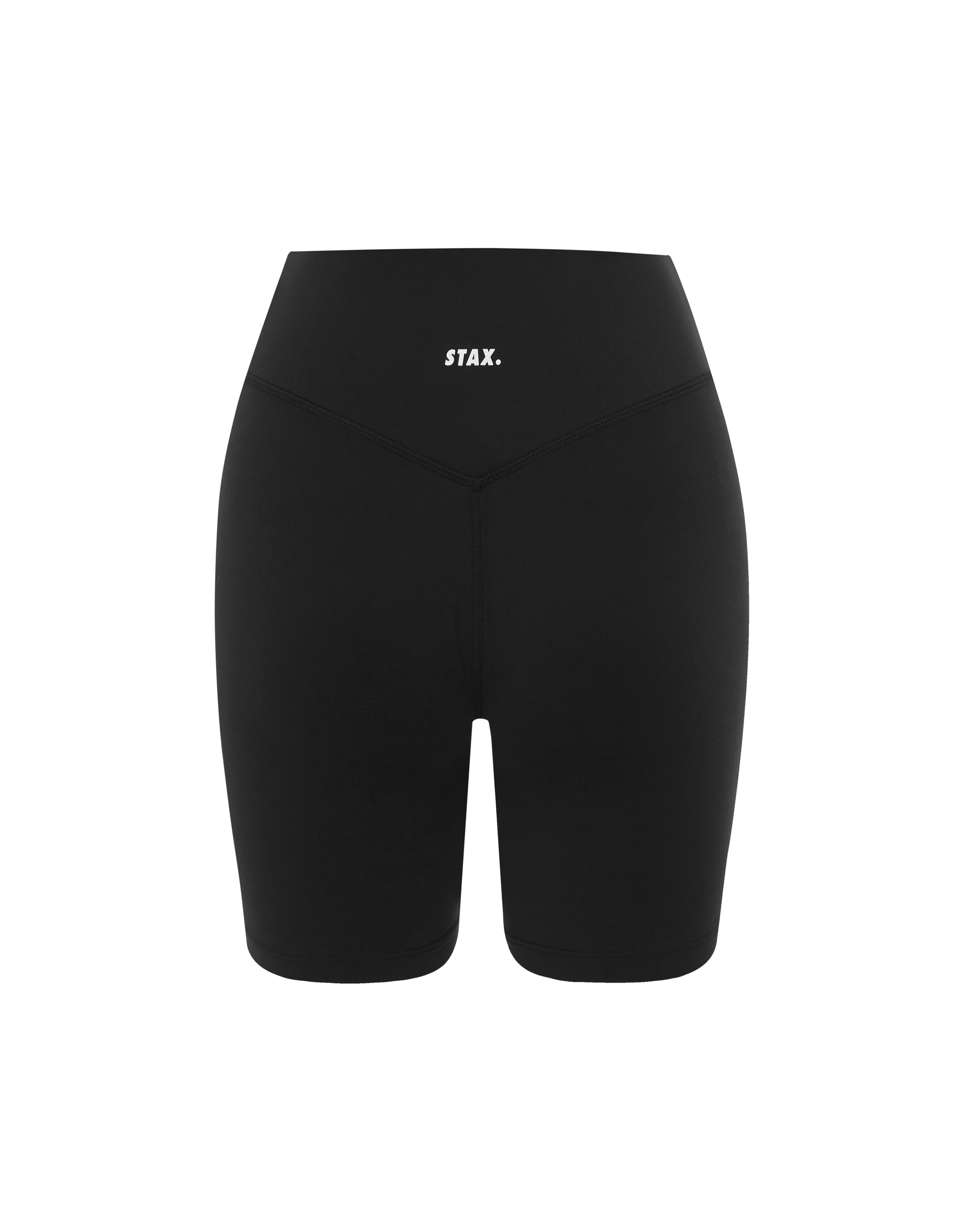 Flat lay back view of STAX. Midi Bike Short Airlyte in black showing small white logo 