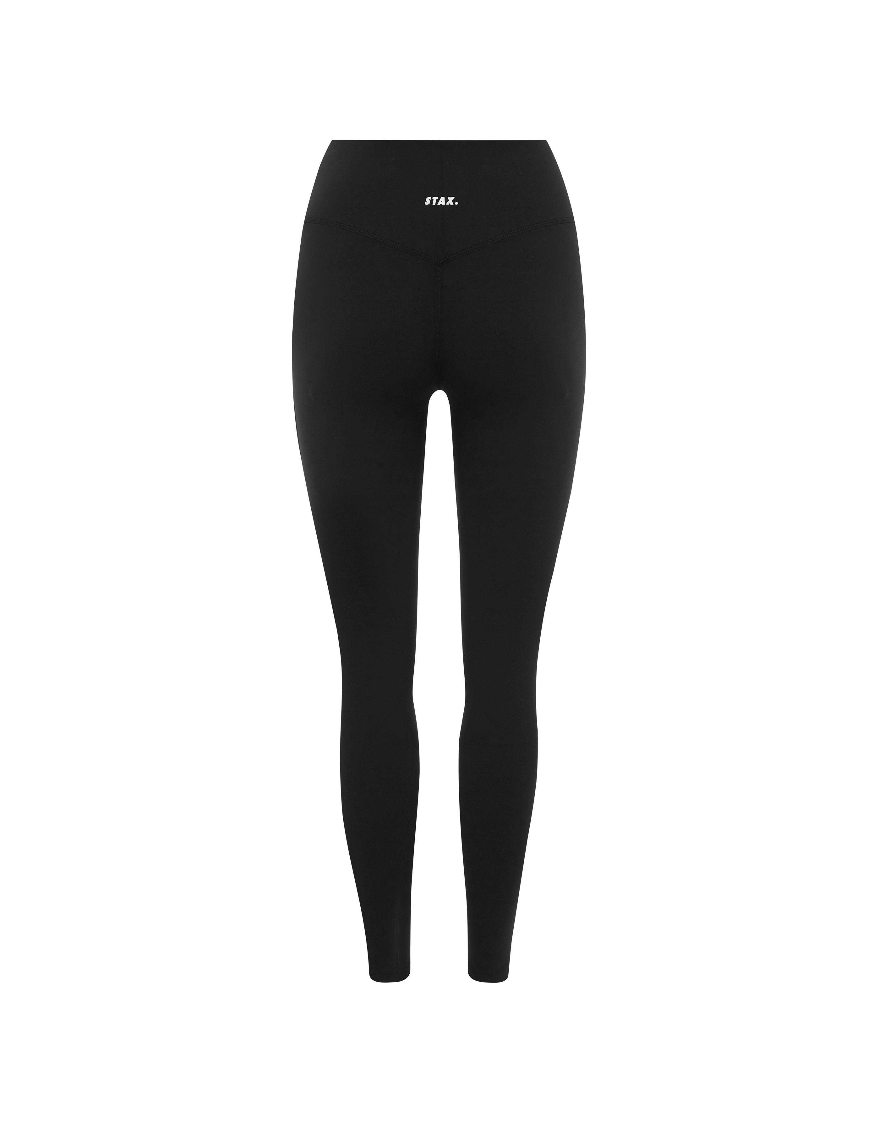 Flat lay back view of STAX. Full Length Tights Airlyte in Black showing small white logo 
