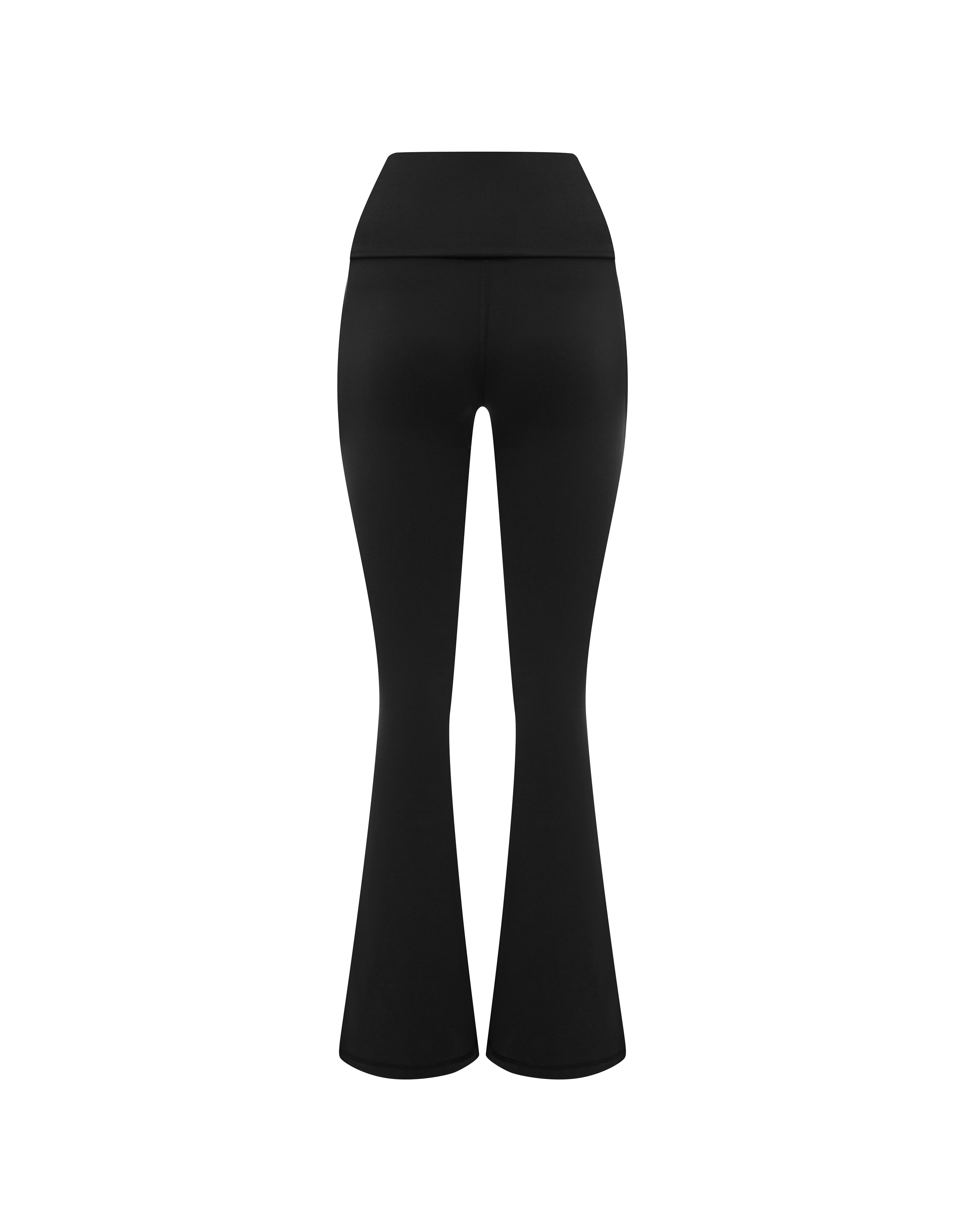 Flat lay back view of STAX. Fold Over Flares in Black showing wide fold over waist band