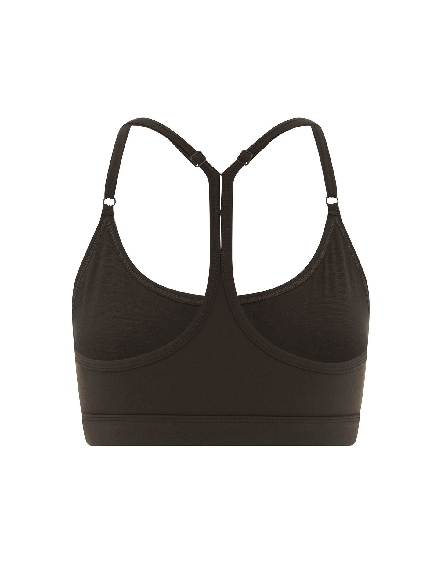 Flat lay back view of STAX. Strappy Crop NANDEX™ in Espresso showing small white logo 