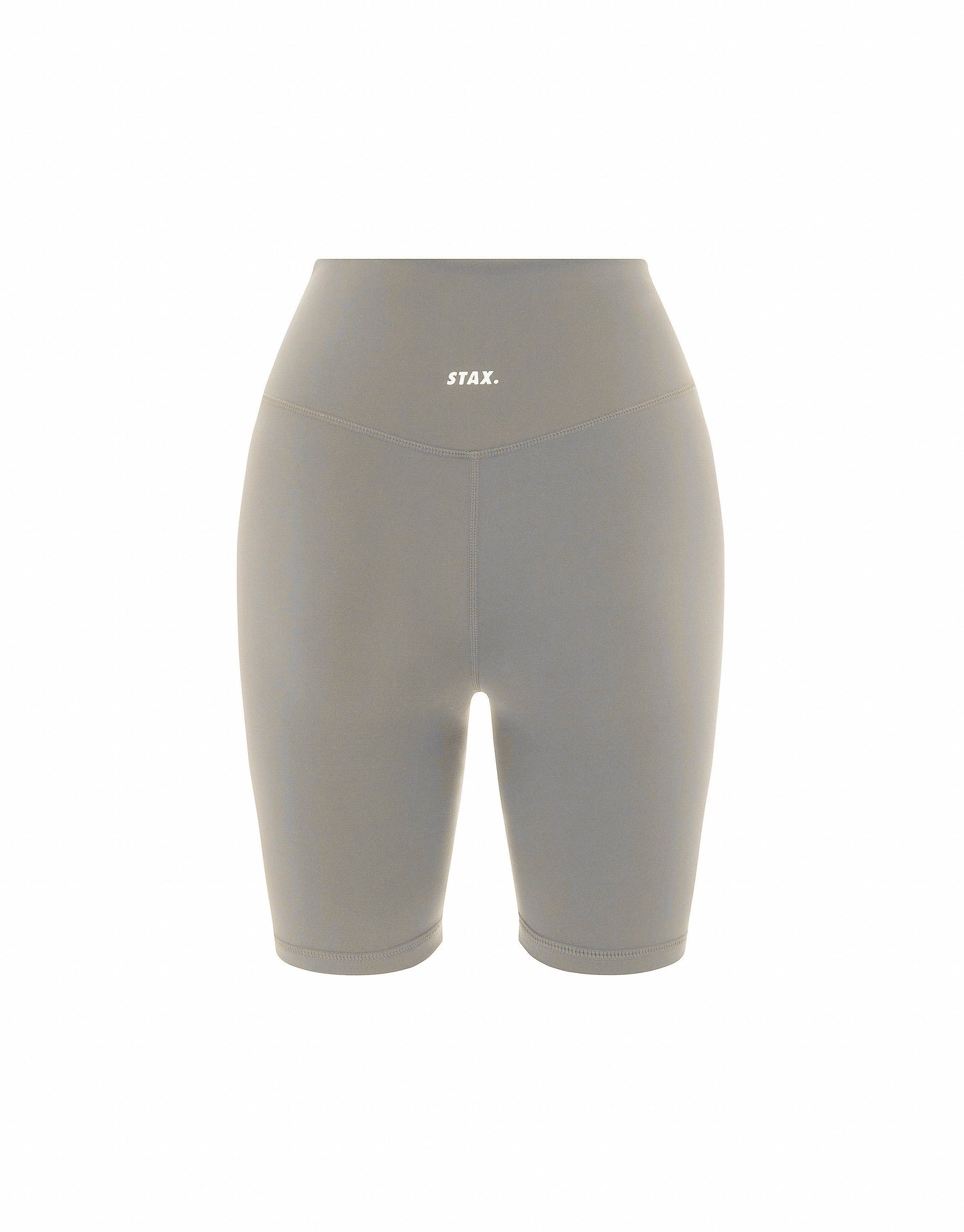 Flat lay back view of STAX. NFS Midi Bike Shorts NANDEX™ in Taupe showing small white logo 