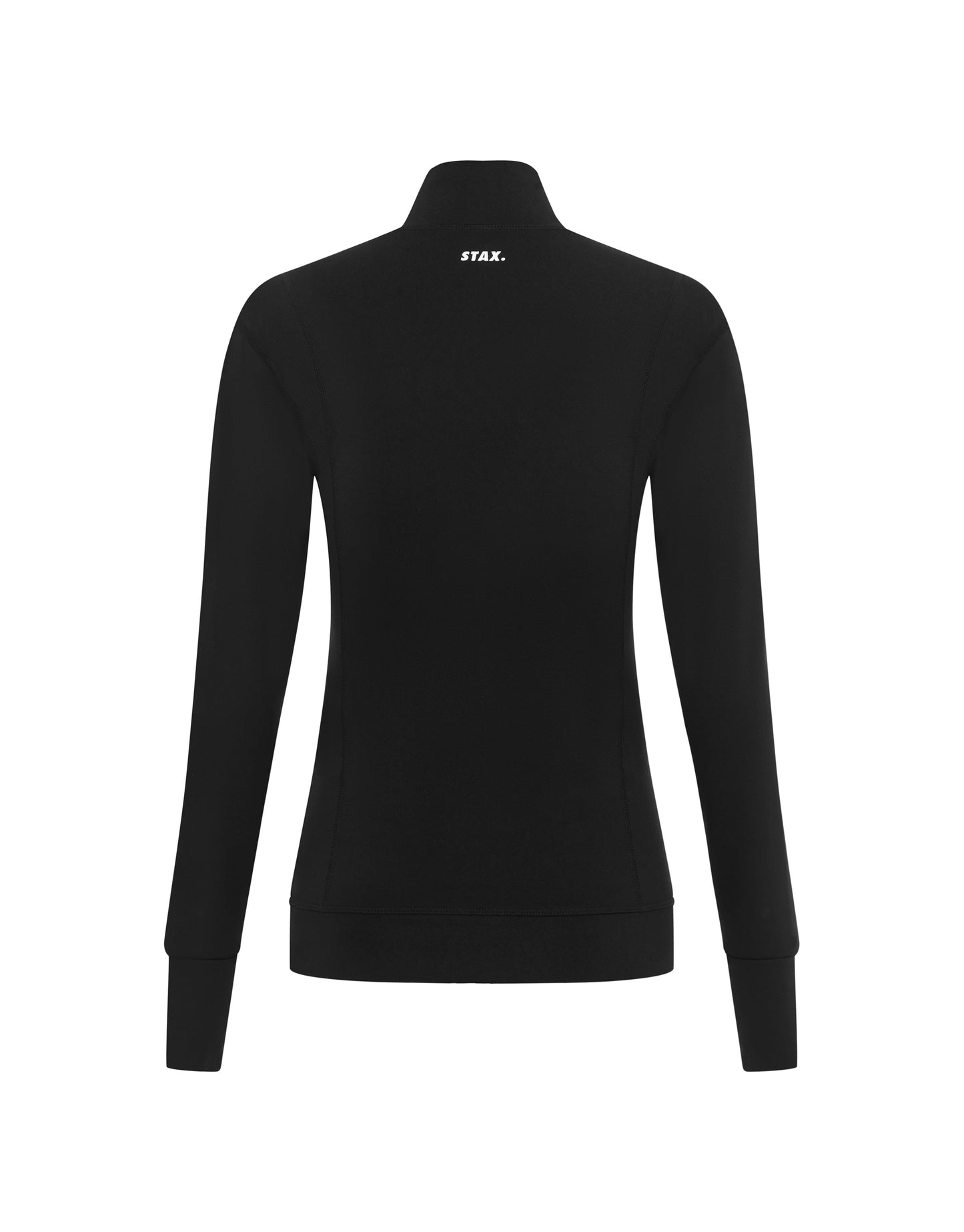 Flat lay back view of STAX. Zip Jacket NANDEX™ in Black showing small white logo and flattering design 