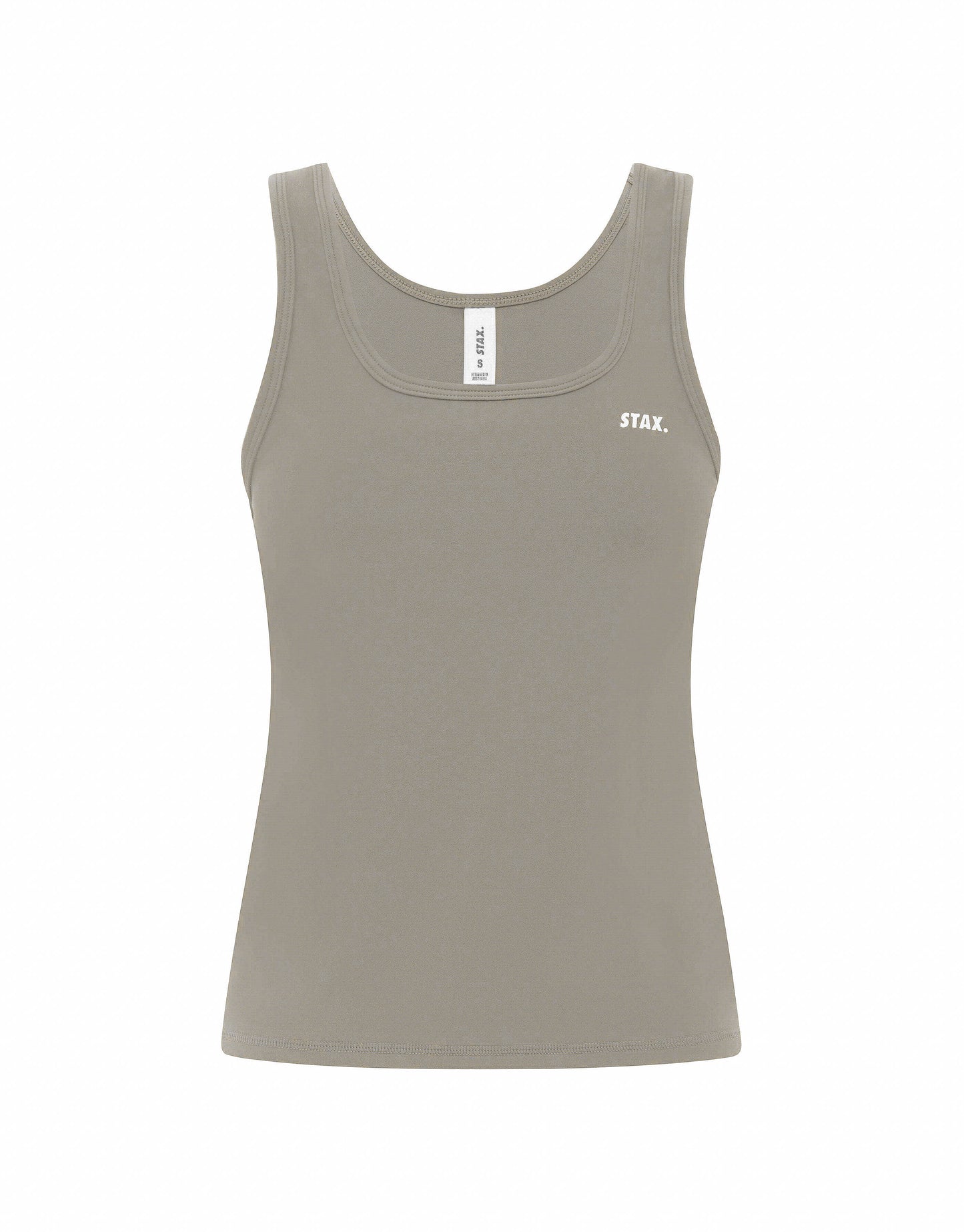 Flat lay front view of STAX. Body Tank NANDEX™ in Taupe isolated on a white background  