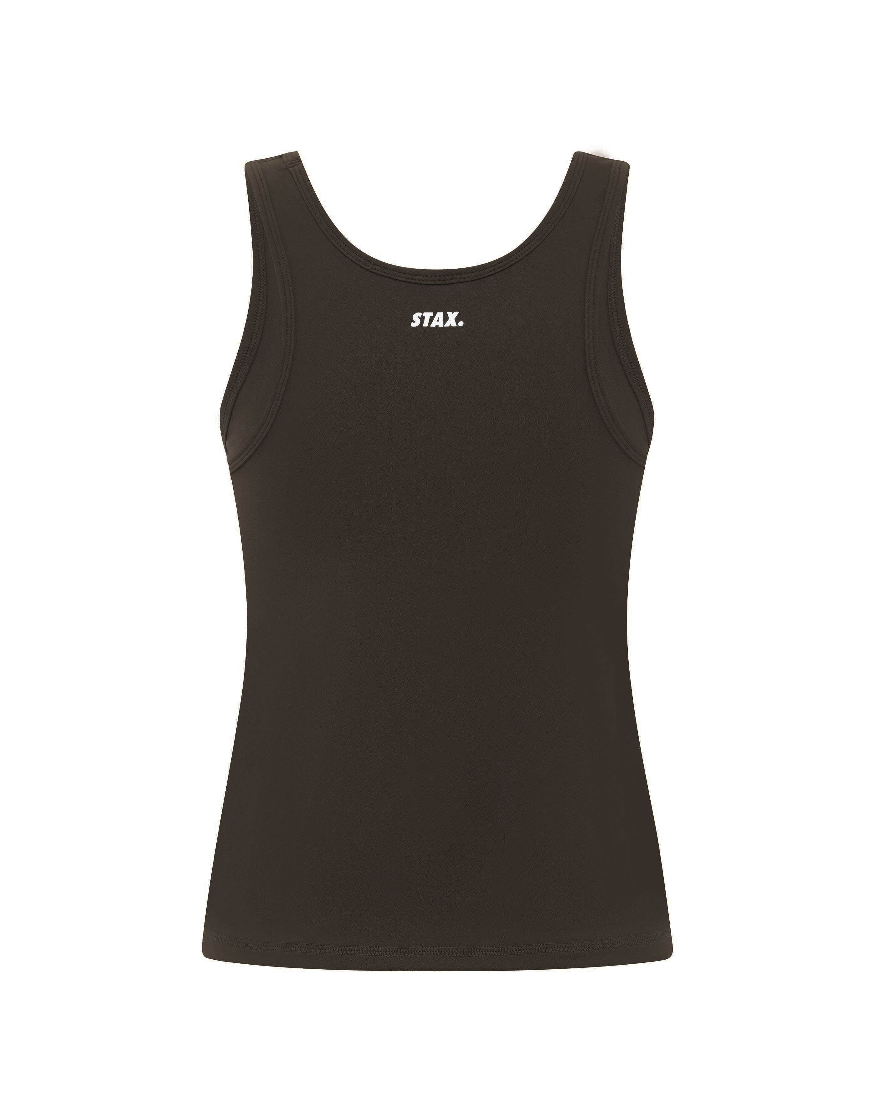 Flat lay back view of STAX. Body Tank NANDEX™ in Espresso showing small white logo 
