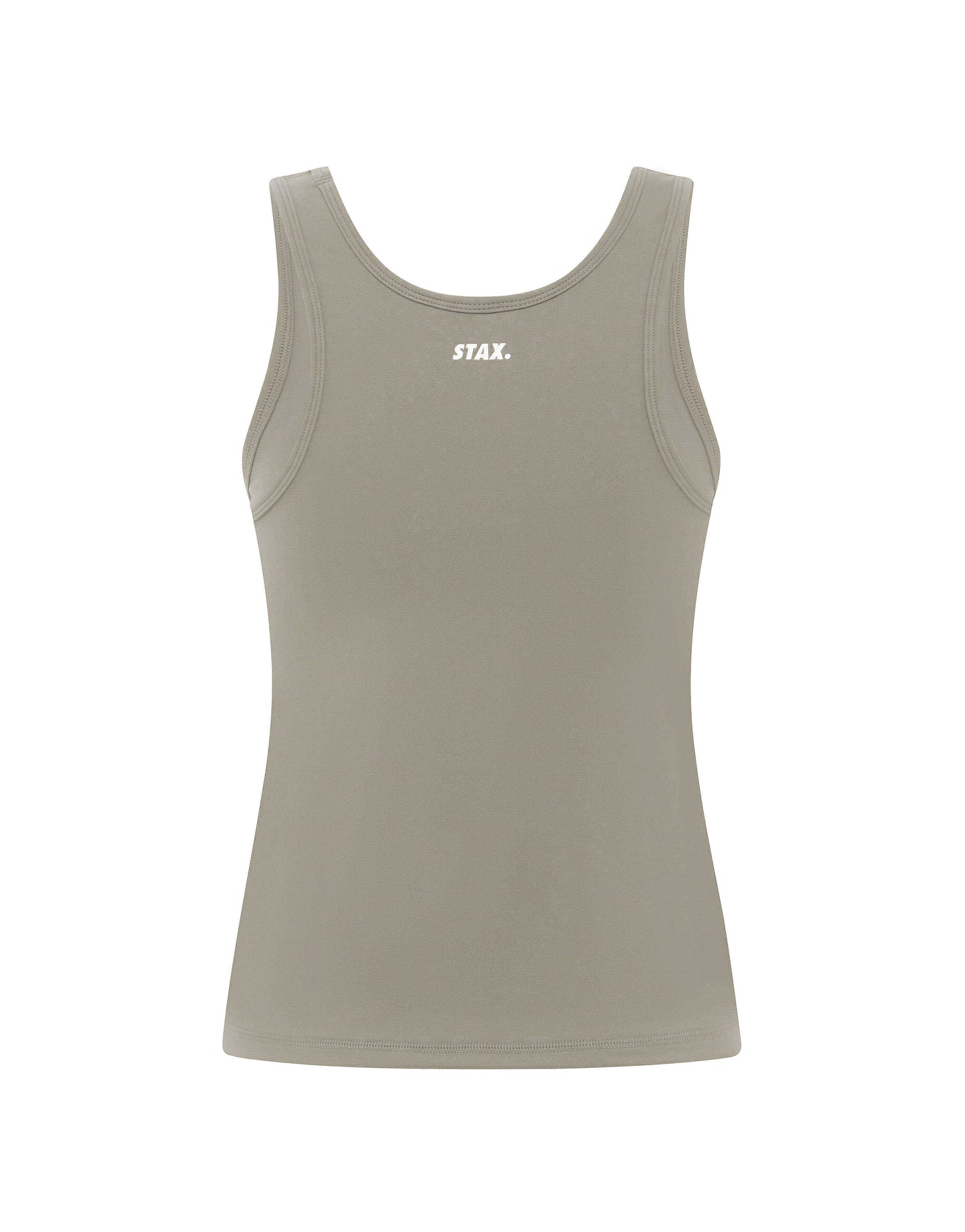 Flat lay back view of STAX. Body Tank NANDEX™ in Taupe showing small white logo 