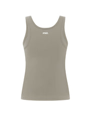 Flat lay back view of STAX. Body Tank NANDEX™ in Taupe showing small white logo 