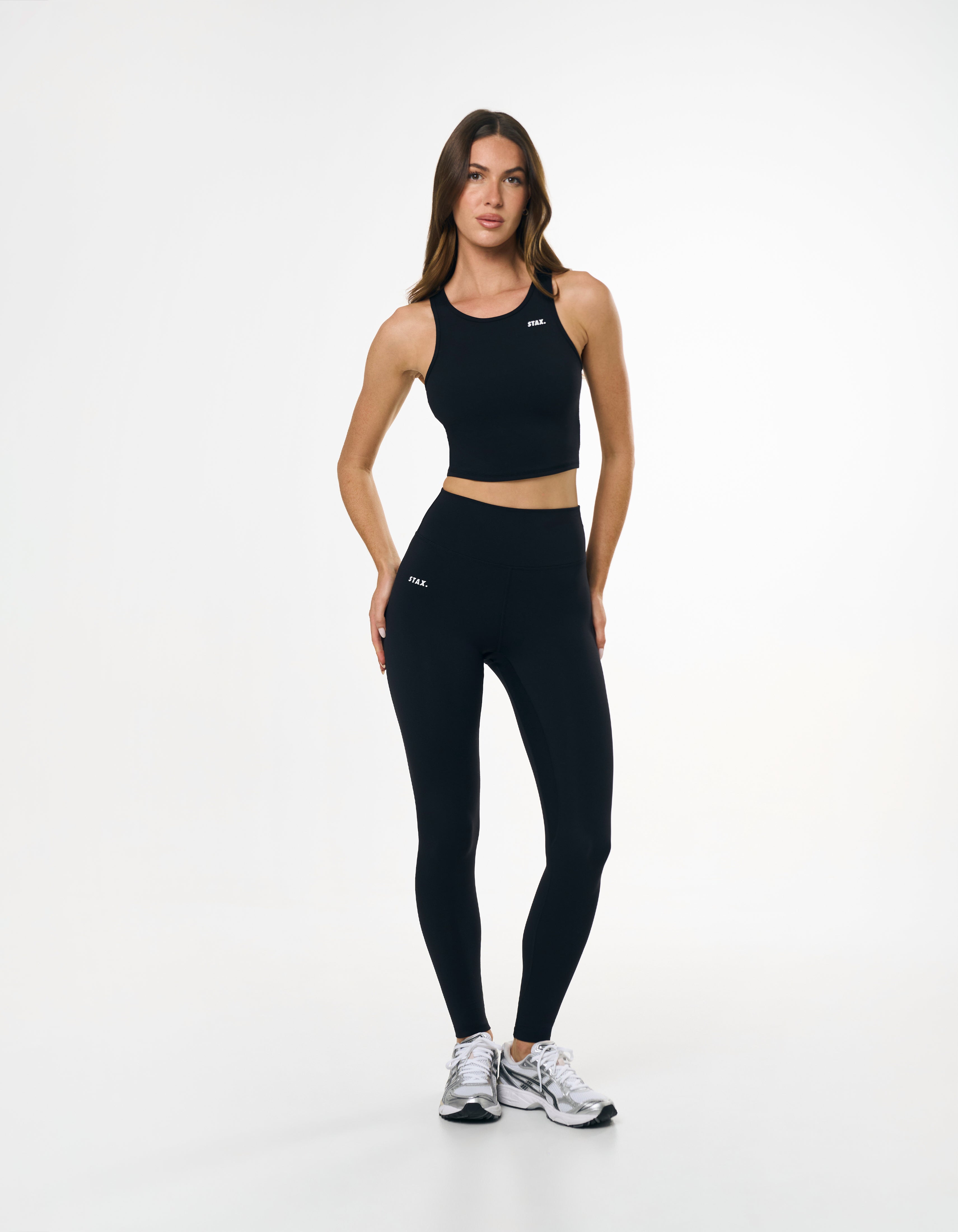 Front view of model wearing STAX. Full Length Tights NANDEX™ Original in Black with matching Cropped Tank NANDEX™ 