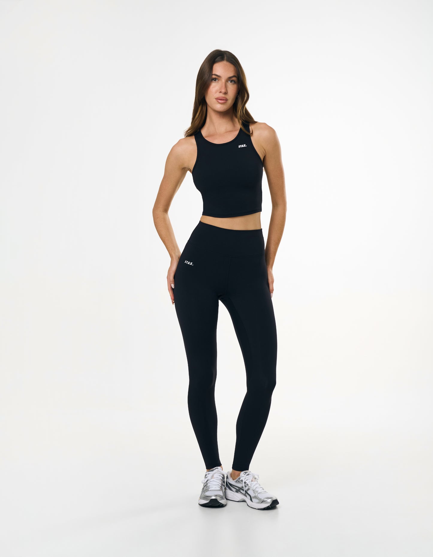 Front view of model wearing STAX. Full Length Tights NANDEX™ Original in Black with matching Cropped Tank NANDEX™ 